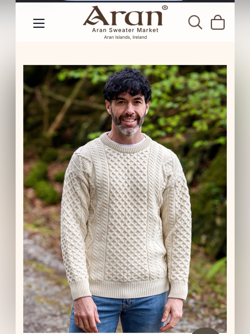Men's Crew Neck Aran Sweater 100% Wool Cable Knit Mens Large NEW WITH TAGS